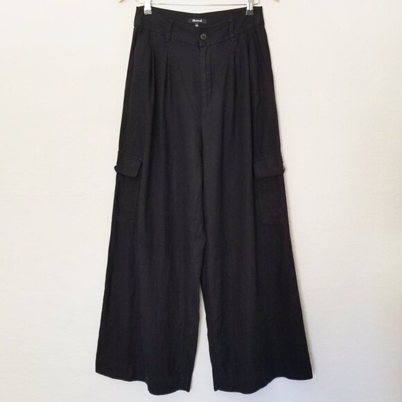 Madewell Wide Leg Cargo Pocket Pants High Waist Linen Blend Black Size 6 $98 - Picture 5 of 16